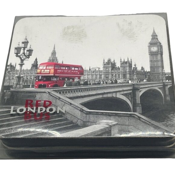 Temple Island Collection Coasters set of 4 London Red Bus pictures READ - Picture 1 of 5